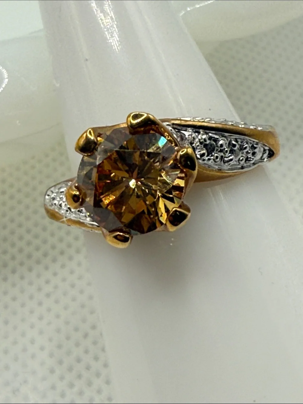 Vintage Gold-Tone plated Citrine Solitaire Ring Pavé Accents mixed metal glam